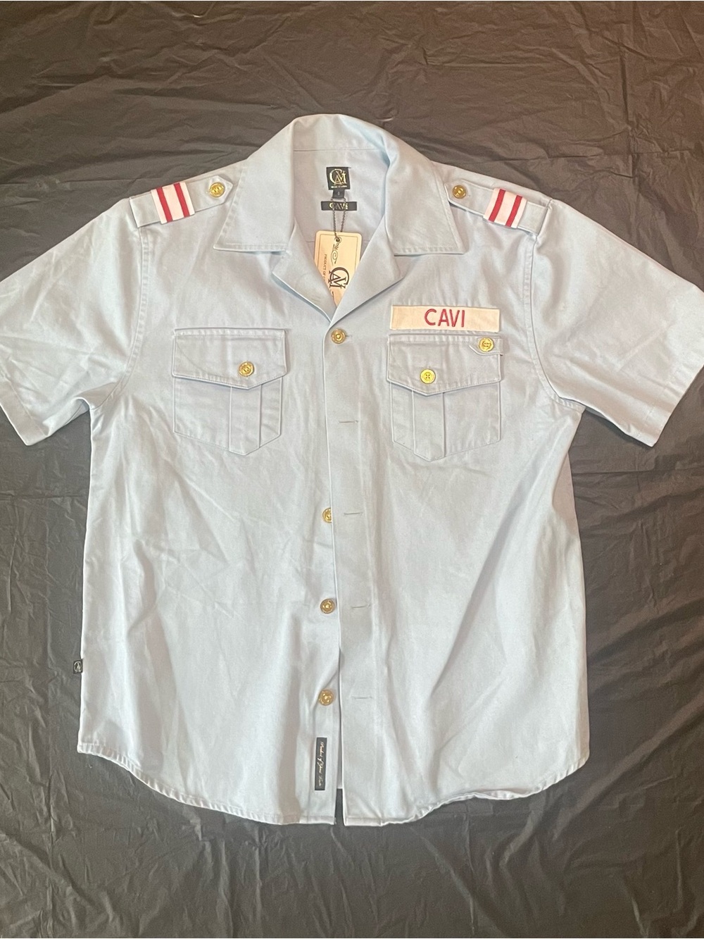 CAVI Men's Light Blue Military Twill Work Shirt, Short Sleeve Epaulets, S